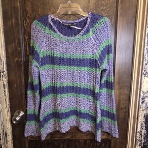 Ashley By 26 International Striped Open-Knit Crewneck Sweater in Purple & Green